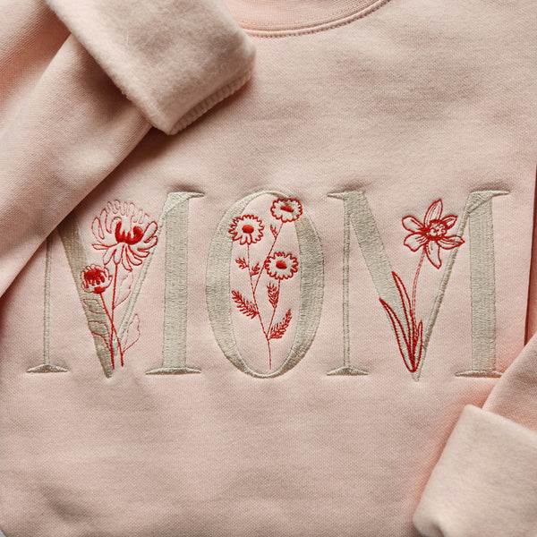 Personalized Mom, Birth Flower Embroidered Crewneck