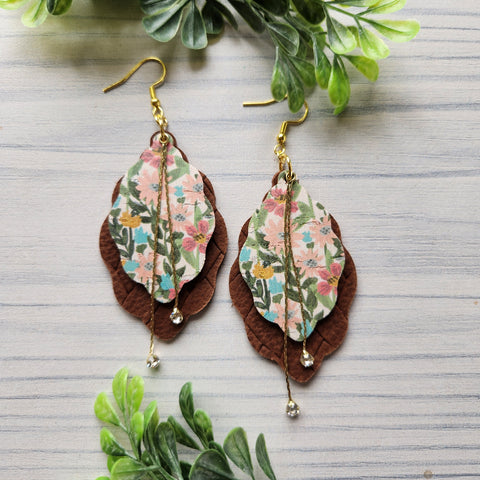 Floral Leaf Layered Leather Earrings with Crystal Drops