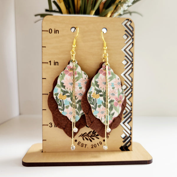Floral Leaf Layered Leather Earrings with Crystal Drops
