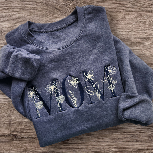 Personalized Mom, Birth Flower Embroidered Crewneck