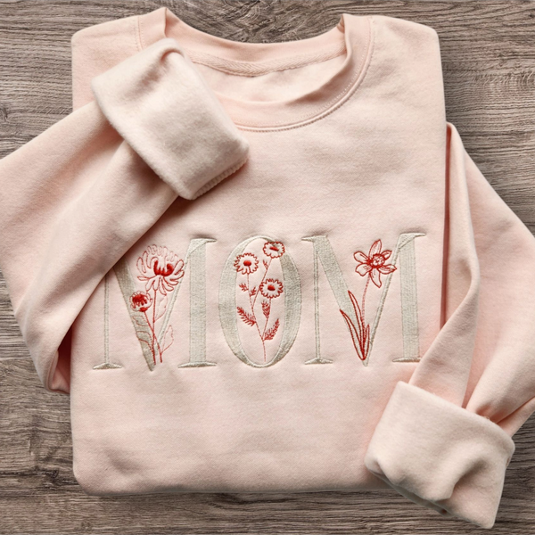 Personalized Mom, Birth Flower Embroidered Crewneck