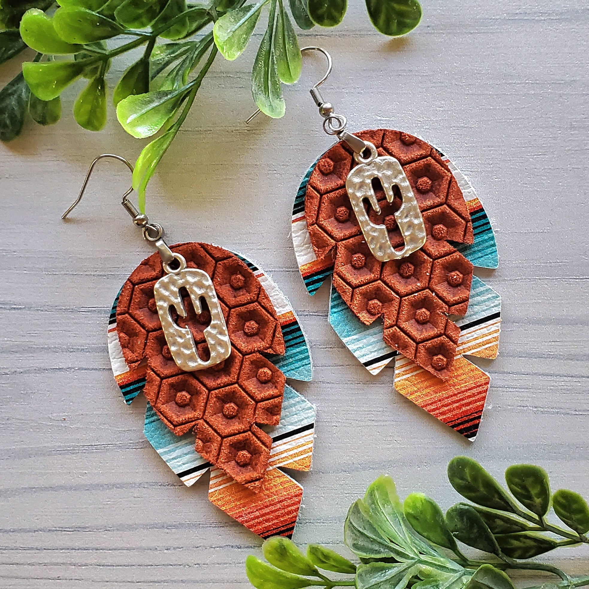 Serape Cactus Leather Earrings